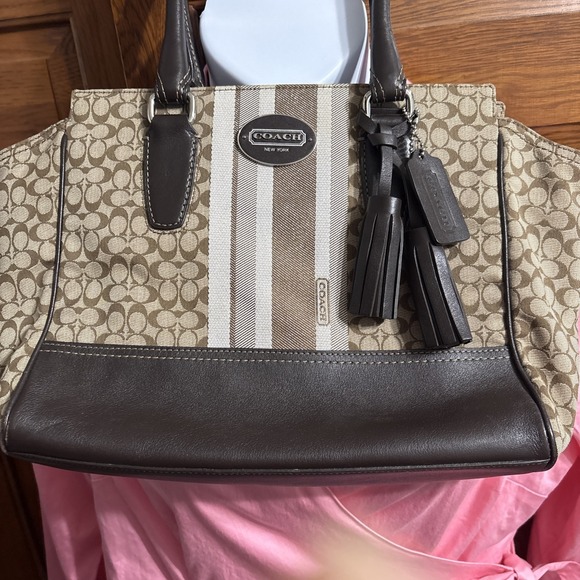 Coach Handbags - Coach Candace Carry 19915 Signature Stripe Khaki Brown Canvas Leather Bag